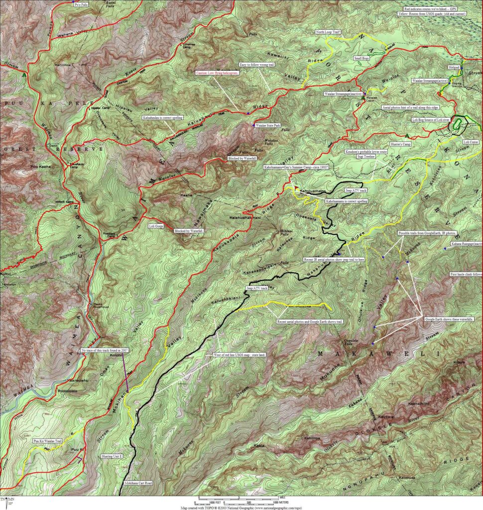 SW Alakai: Waialae Camp Down to Waimea hike trail map